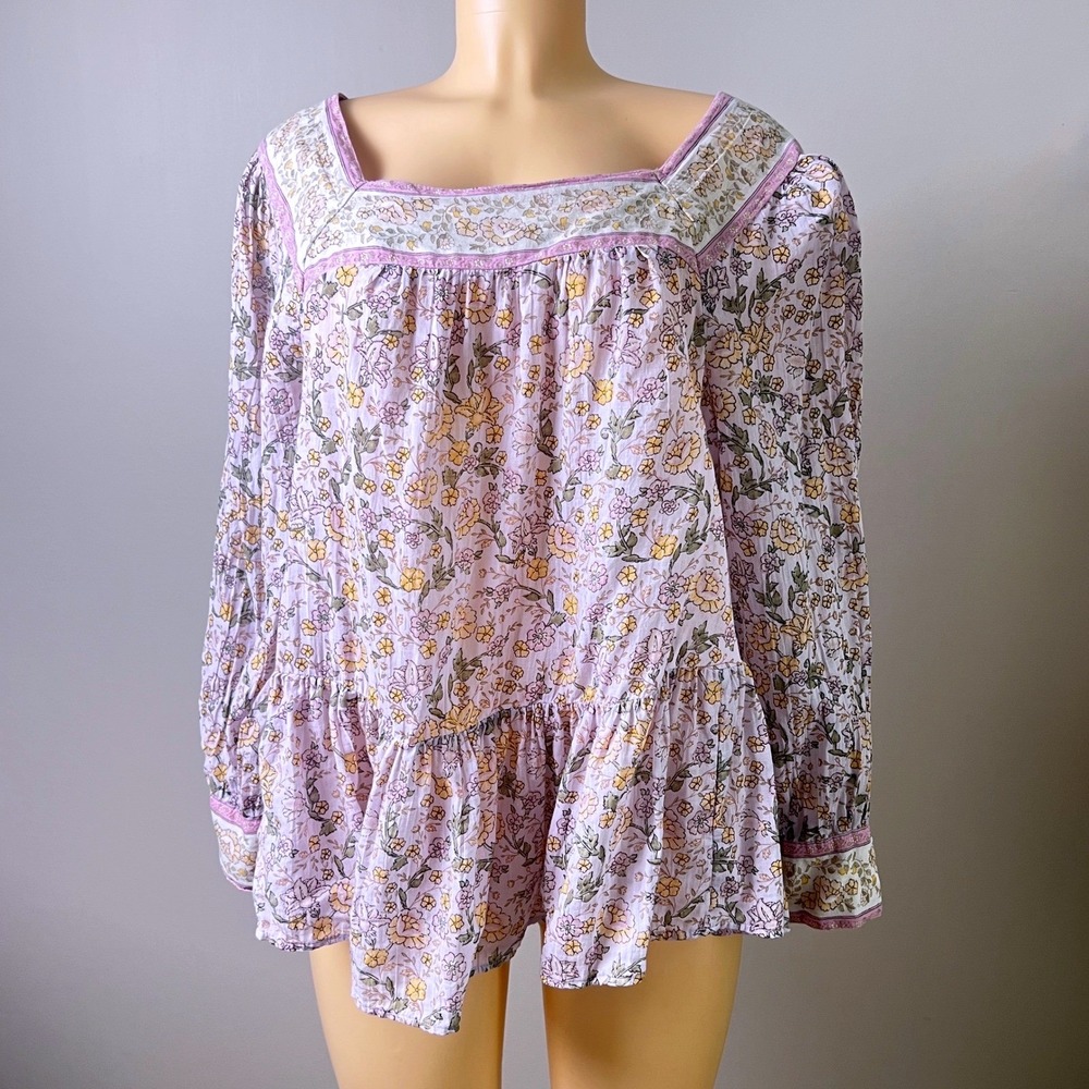 American Eagle Floral Peplum Top Medium Purple Cotton Boho Square Neck Prairie